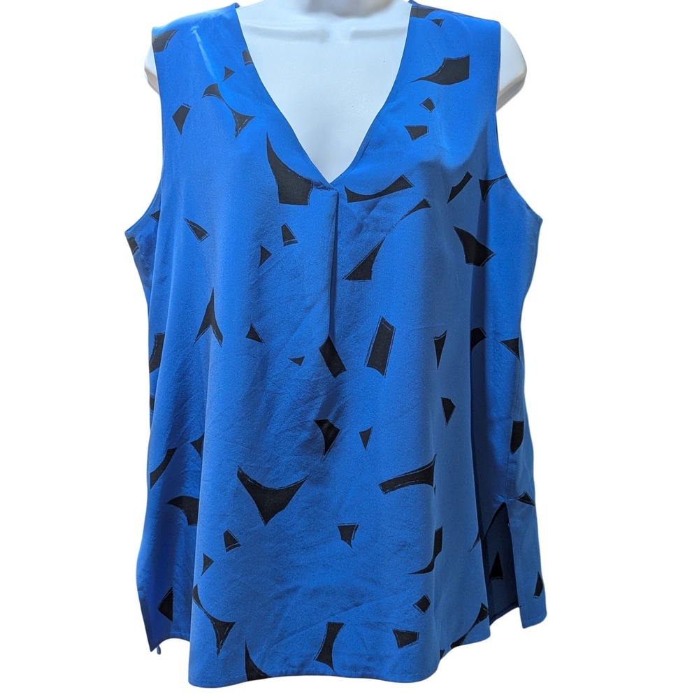 Vince Blue Black Abstract Geometric 100% Silk V-Neck‎ Blouse City Chic Large